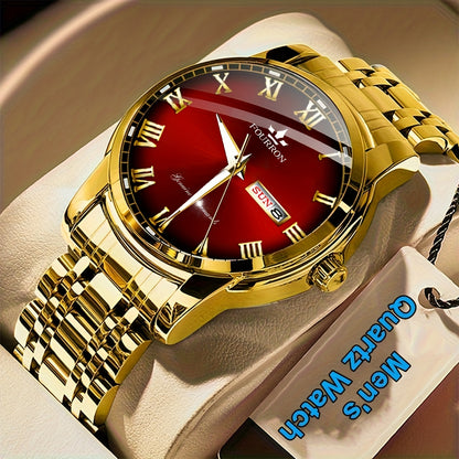 1pc FOURRON Brand New Trendy Fashion Men'S Quartz Watch Stainless Steel Strap with Day Date, Roman Numeral Disc Multi-Function Luminous Luxury Men'S Wristwatches, Friends And Relatives Birthday Gifts, Holiday Party Gifts Preferred Choice