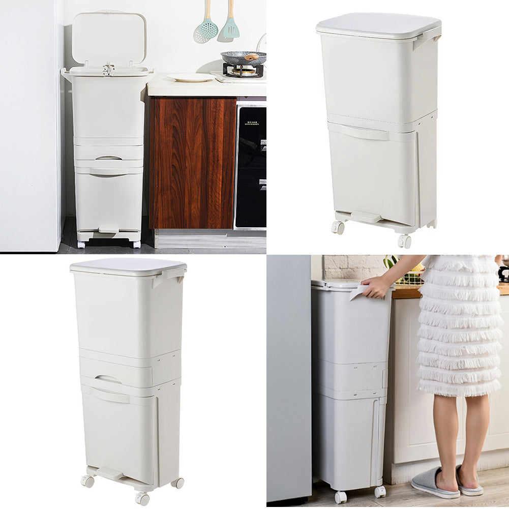 Large Capacity 38L Rolling Office Trash Bin, Dual Compartment Waste Bin for Wet & Dry Separation, Mobile Office & Living Room Rubbish Bin, Sturdy Plastic, local warehouse