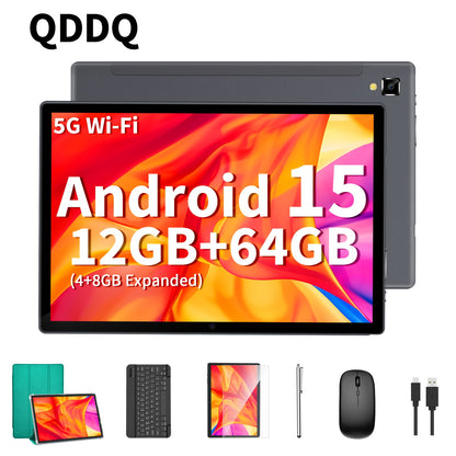 QDDQ Android 15 Tablet 10.1 Inch with Keyboard Wireless Mouse Case Stylus 26GB RAM 256GB or 12GB RAM 64GB ROM LED Screen Gaming WiFi USB-C