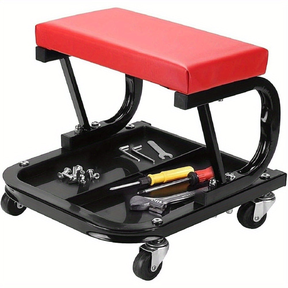 Rolling Mechanic Stool 100kg Heavy Duty Workshop Seat with Tool Tray 4 Swivel Castors High-Density Foam Pad Powder-Coated Steel Frame for Garage Workshop 37.5x36x38.5cm