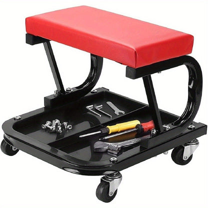 Rolling Mechanic Stool 100kg Heavy Duty Workshop Seat with Tool Tray 4 Swivel Castors High-Density Foam Pad Powder-Coated Steel Frame for Garage Workshop 37.5x36x38.5cm