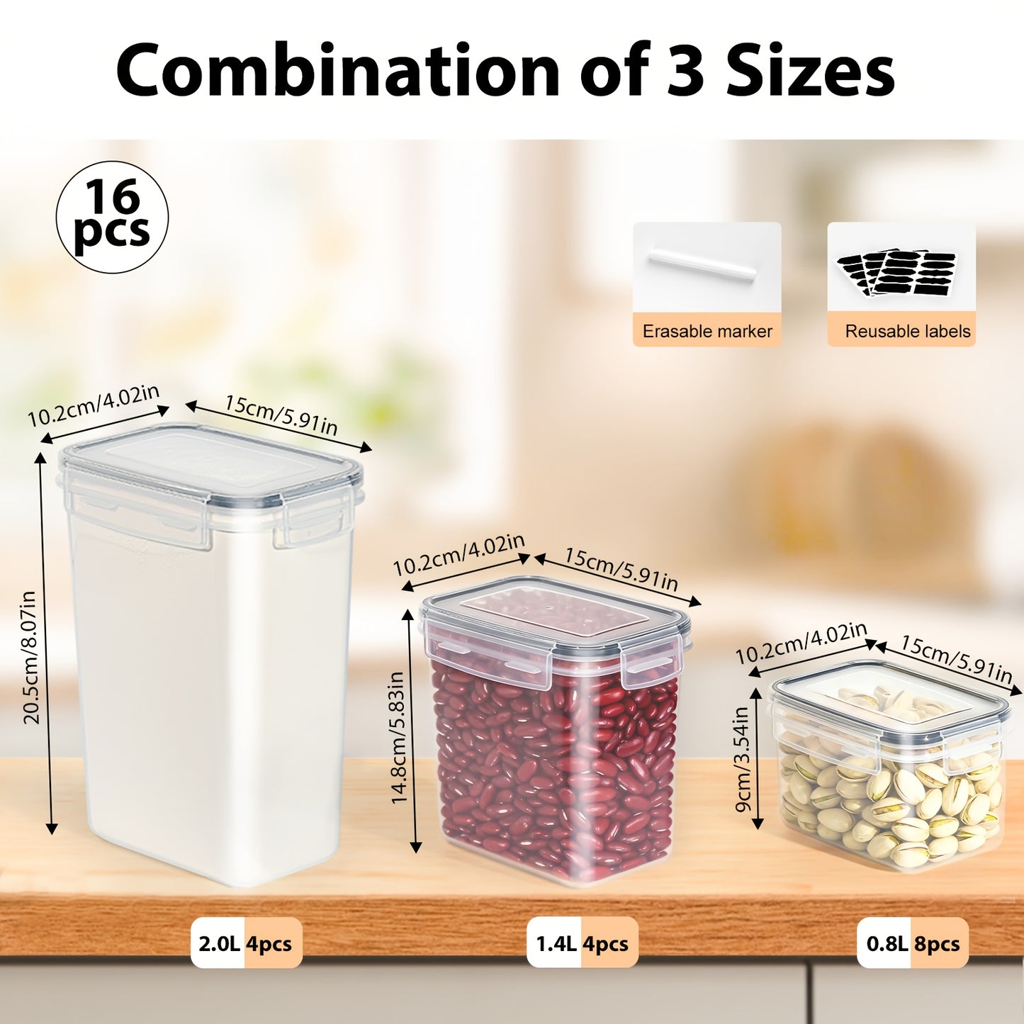Cereal Storage Containers Set of 16, Plastic Airtight Food Storage Containers with Lids, Storage Jars for Storing Pasta, Rice, Flour, Dog, Cat, Pet Food, Cereal Dispenser Kitchen Organiser