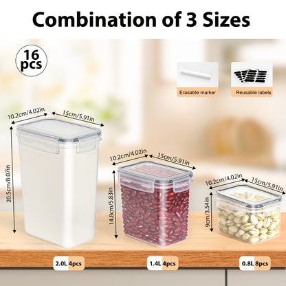 Cereal Storage Containers Set of 16, Plastic Airtight Food Storage Containers with Lids, Storage Jars for Storing Pasta, Rice, Flour, Dog, Cat, Pet Food, Cereal Dispenser Kitchen Organiser