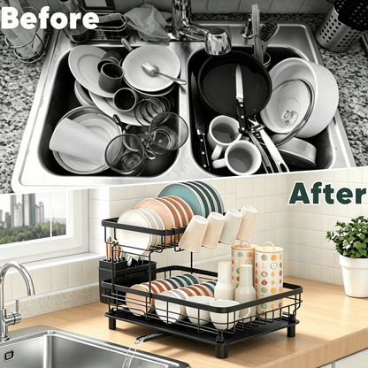 2 Tier Dish Drainer Rack Black Kitchen Counter Dish Storage Rack with Drip Tray Utensil Holder