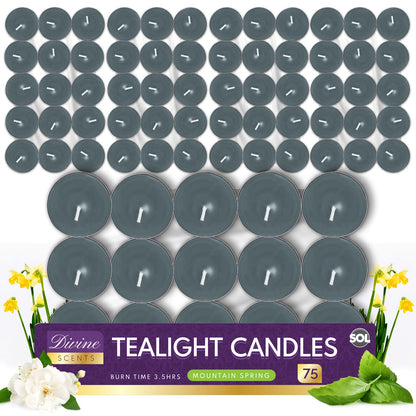 75 Pack Scented Tea Light Candles | Assorted Tealights with 5 Fragrances (Vanilla, Fresh Berries, Peach, Mountain Spring, Lavender) | 4 Hour Burn | Decorative Home & Gift Candle Set
