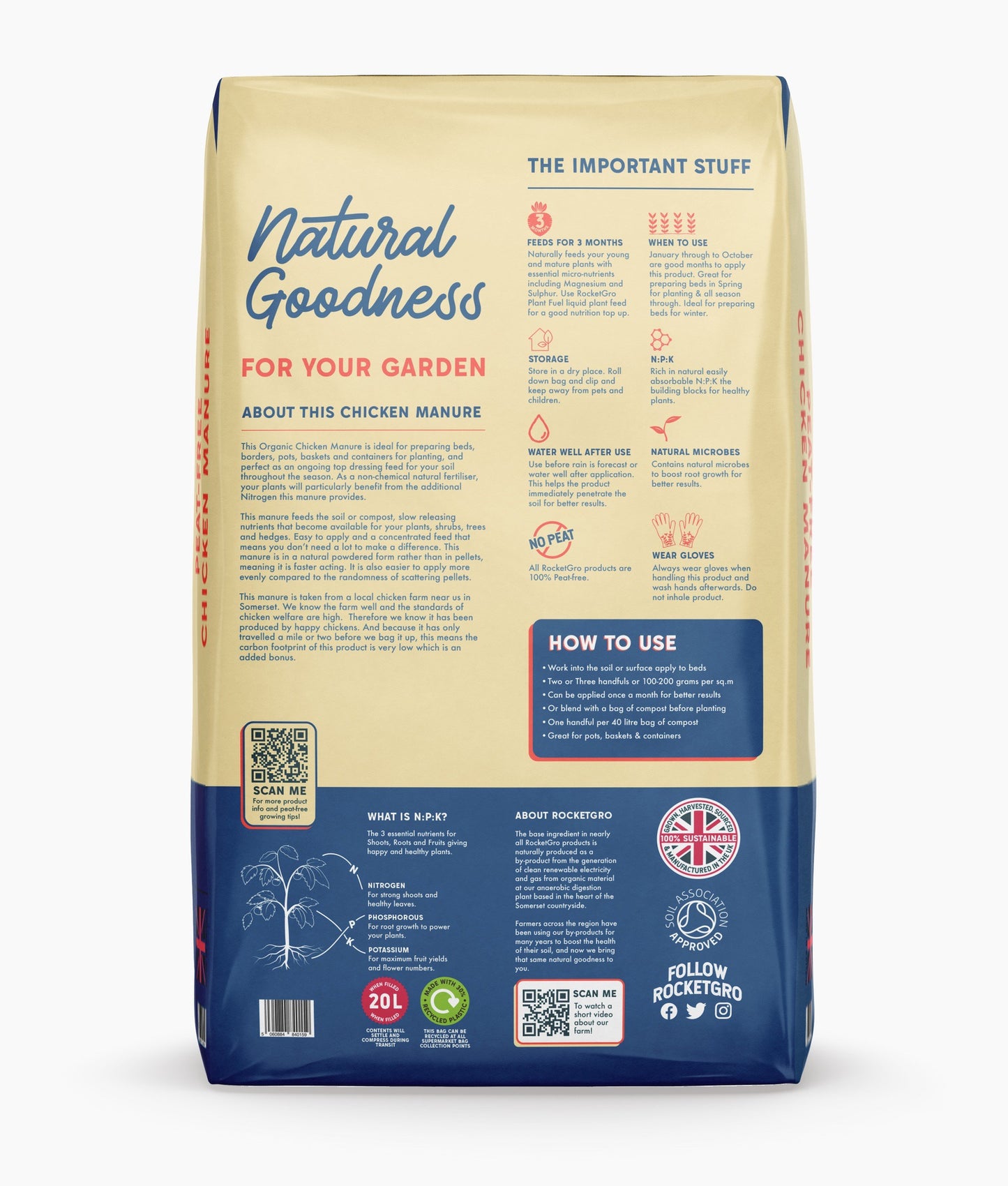 Rocket Gro Chicken Manure 20L Natural Garden Growing Medium and Soil Conditioner