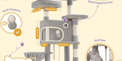 [Multi-Level Cat Tree] HZUANERI 180cm Multi-Level Cat Tree | 8 Scratching Posts, 3 Platforms, 2 Dens, Basket & Plush Balls - Durable Sisal Rope for Indoor Cats of All Sizes, Space-Saving Design for Climbing, Resting & Play, Cat Climbing Tower, Pet Activit