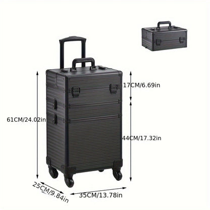 Large 3-in-1 Makeup Trolley Case – Professional Hairdressing Vanity Beauty Box with Wheels, PU Aluminium Frame Cosmetic Storage, 37x25x56cm, Rose Gold & Black