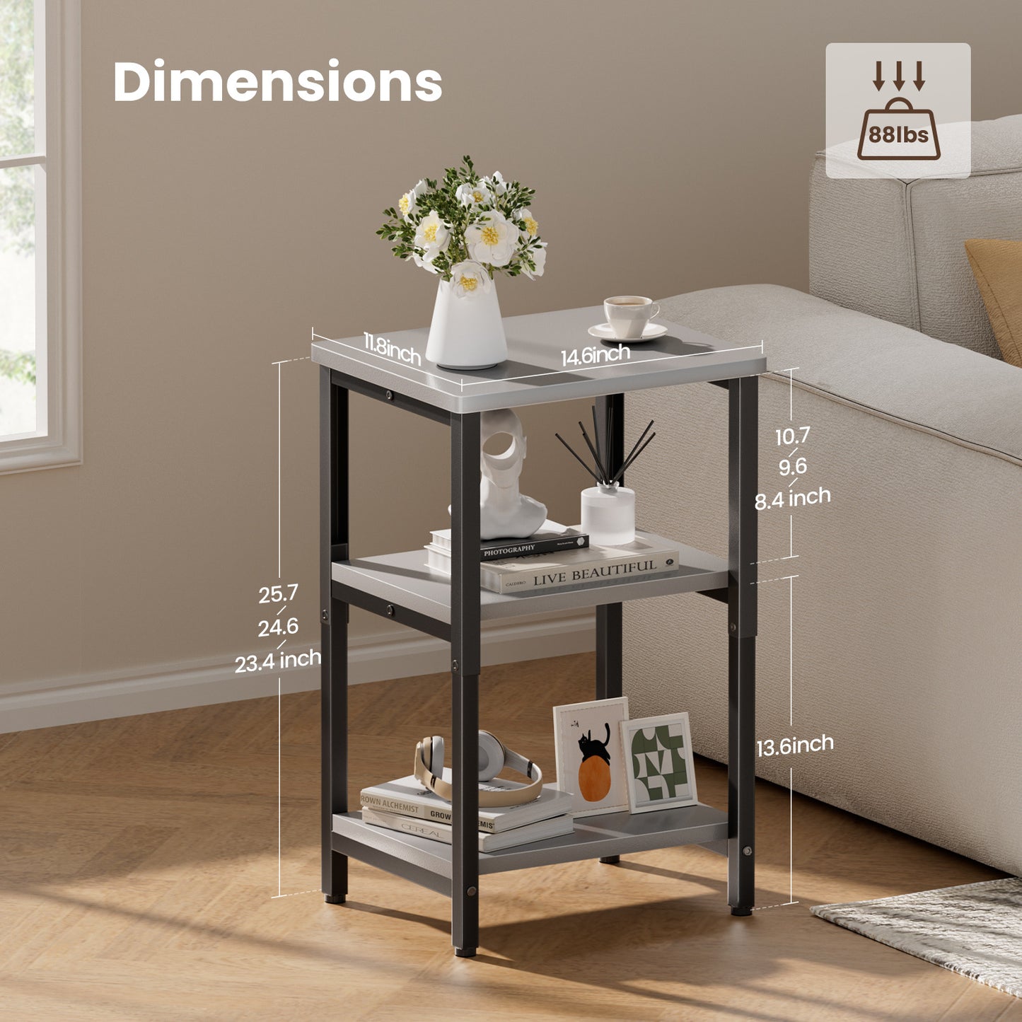 Bookshelf, Sofa Side Table Living Room, Industrial End Table With 3-Tier Storage Shelves, Bedside Tables With Height Adjustable, Steel Frame, Nightstand 37 x 30 x 59.4/62.4/65.4 cm, 4 Colors