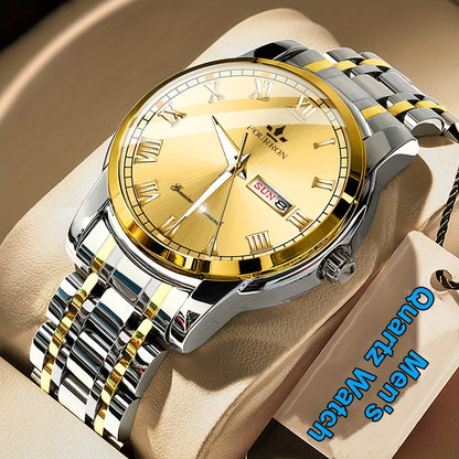 1pc FOURRON Brand New Trendy Fashion Men'S Quartz Watch Stainless Steel Strap with Day Date, Roman Numeral Disc Multi-Function Luminous Luxury Men'S Wristwatches, Friends And Relatives Birthday Gifts, Holiday Party Gifts Preferred Choice