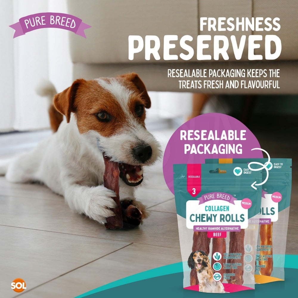 Collagen Chewy Rolls for Dogs 12 Pack – Long Lasting Dog Chews 12cm, Beef & Chicken Flavour, Natural Protein Training Treats for Puppies & Adults, Resealable Pack, Oral Care Boredom Buster