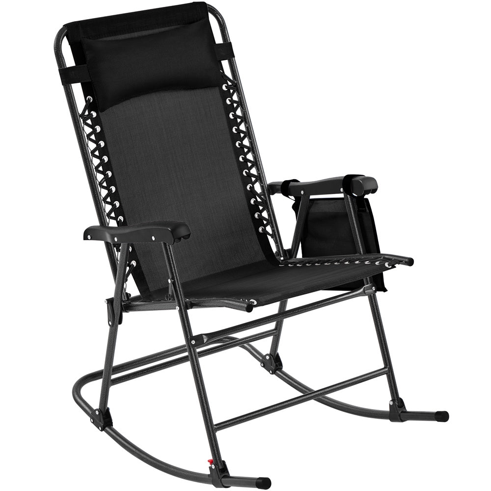 Costoffs Patio Chair Foldable Rocking Chair, Outdoor Lounge Chair with Headrest Pillow for Outdoor Use Only, Napping or Sunbathing, Black/Beige/Navy Blue Outdoor Use Only