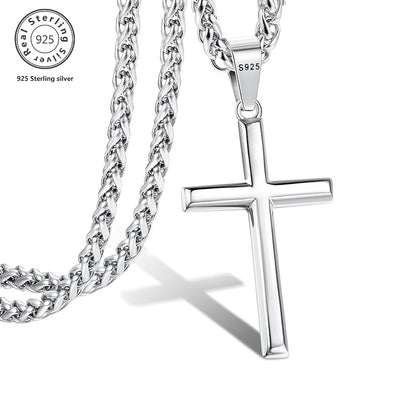 925 Sterling Silver Solid Cut Bevelled Cuban Chain Cross Pendant Necklace, Unisex, Suitable for Valentine's Day, Christmas, Various Festivals, Special Occasions, Including Gift Boxes