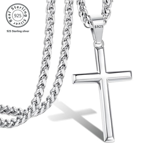 925 Sterling Silver Solid Cut Bevelled Cuban Chain Cross Pendant Necklace, Unisex, Suitable for Valentine's Day, Christmas, Various Festivals, Special Occasions, Including Gift Boxes