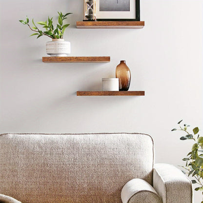 3 Pack Rustic Wood Floating Shelves Wall-Mounted with Sturdy Metal Brackets - Heavy Duty Painted Finish, Natural Wood Grain, Easy Installation for Living Room, Bedroom, Kitchen - Space-Saving Modern Farmhouse Style Shelving (No Visible Brackets)
