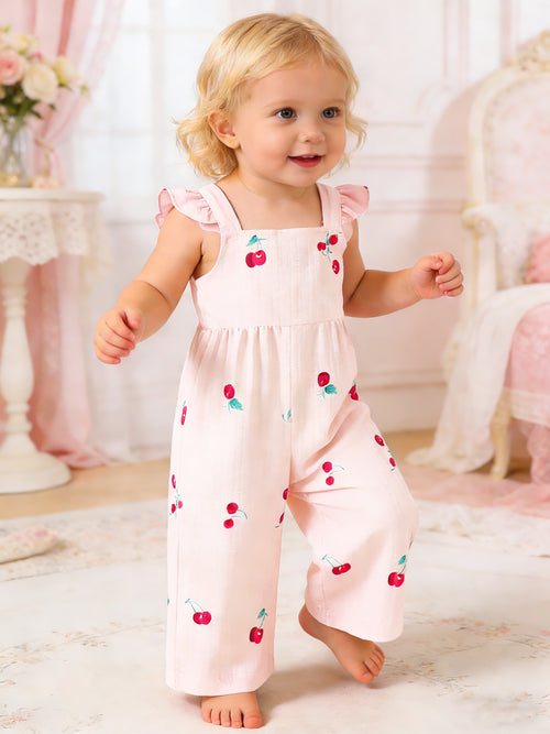 Summer European and American Fashion Baby Girl Onesies, Retro Casual Onesies with Cute Cherry Prints, Playful Flutter Sleeves, Suitable for Daily Wear, Outdoor Activities, Perfect for Outdoor