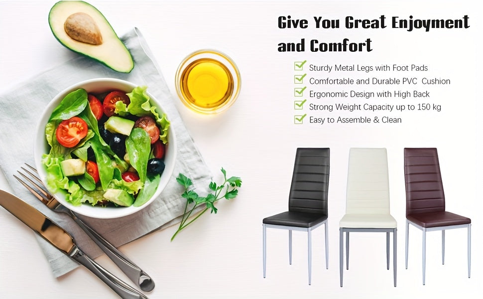 Dining Chairs, Faux Leather Upholstery High Back Metal Legs, Collection of Four, Suitable for Kitchens and Dining Rooms, Available in White Black Grey