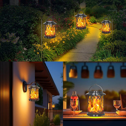 2pcs Hanging Solar Lanterns with Realistic Flickering Flame LED, Solar Lights Outdoor Garden, Waterproof Flame Effect Garden Ornaments for Pathway Patio Decoration