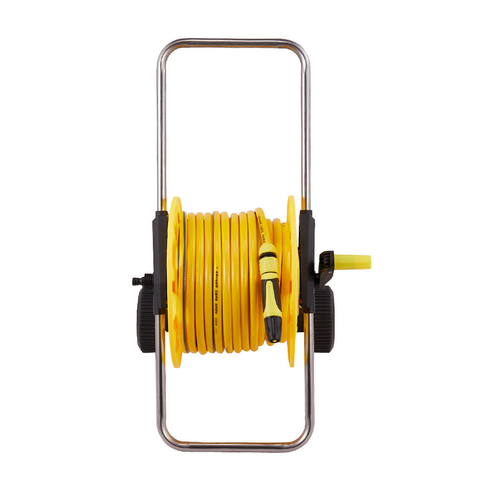 Complete Watering Kit/ Garden Hose Reel Trolley Portable With 20-50M Hose Pipe, Sprinkler Gun & Connector - Heavy Duty Watering System for Outdoor/Lawn/Car Wash (Yellow)