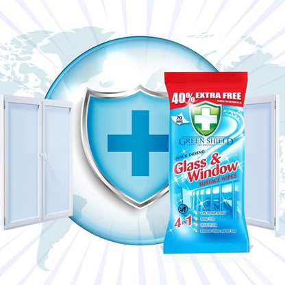 6 Pack Green Shield Quick Drying Glass & Window Surface Wipes, 70 Wipes Each
