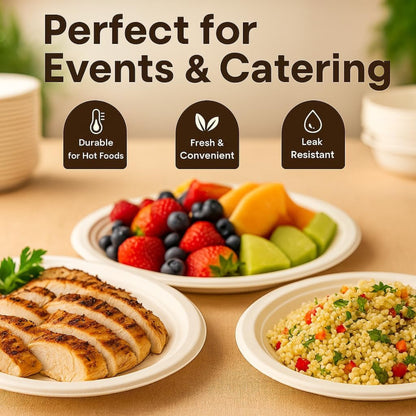Strong Disposable Paper Plates 9" Bagasse Heavy-Duty Disposable Plates for PartiesMicrowave-Safe Party Plates,Dinner Plates for Hot & Cold Food Restaurants Takeaway Dessert Snack Tableware