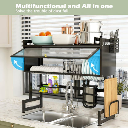 Over Sink Dish Drying Rack, Sink Dish with Fruit Basket, 3 Tier Drainers Large Dish Drying Rack, Adjustable Large Drainer Rack, Storage Shelf with Utensils Holder, for Drying Bowls Plates Cups (85cm)