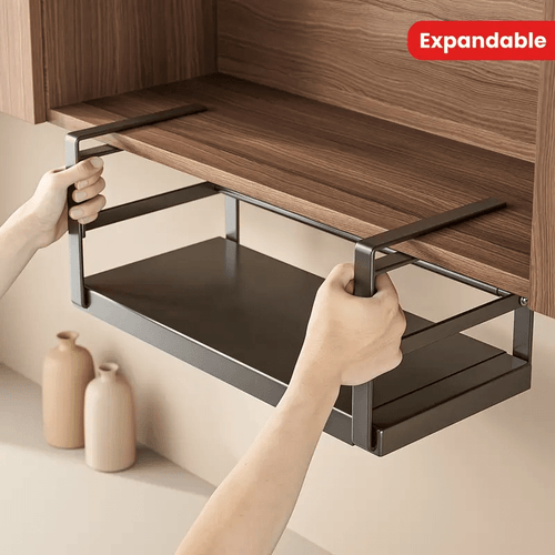 1pc of Adjustable Metal Shelf Organizer for Cabinets, an Expandable Storage Rack for Spices And Seasonings, Designed to Hang Under Cabinets with a Layered Partition, in Black