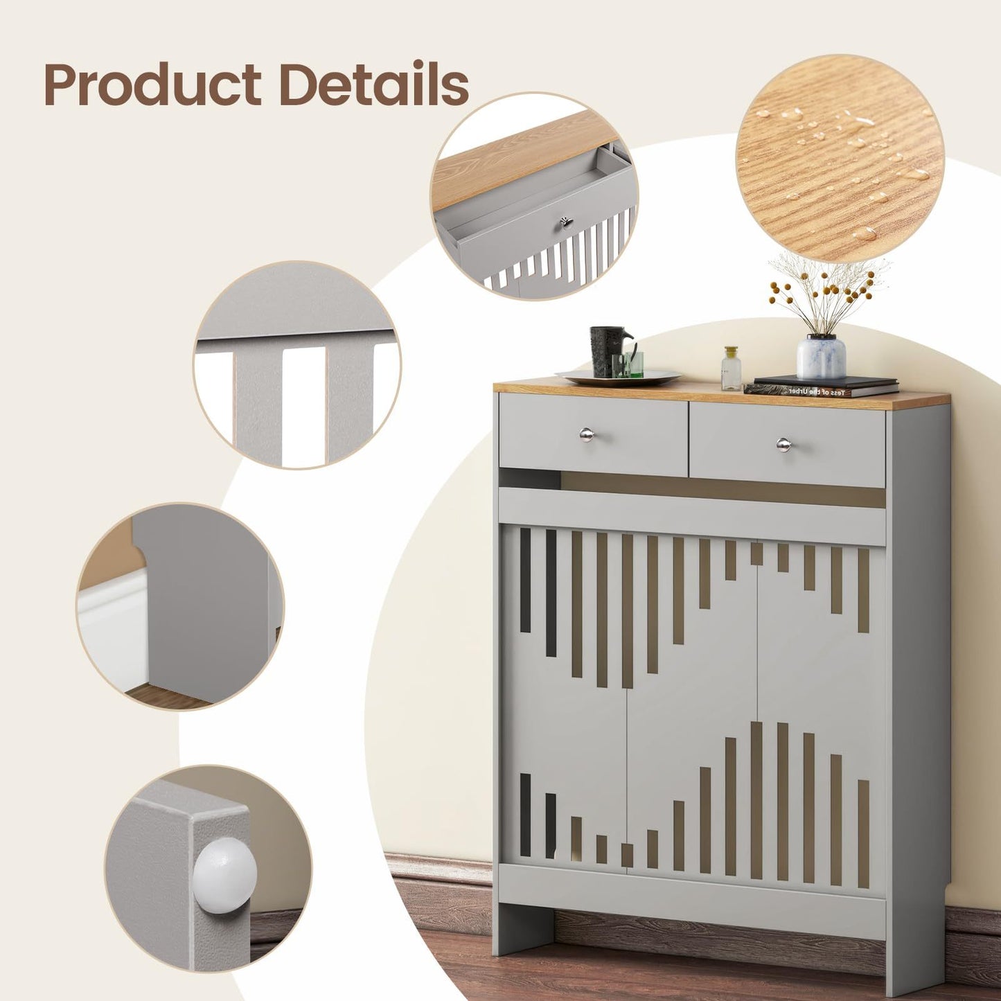 Modern White MDF Wood Radiator Cover with Drawers - Contemporary Style, Great Choice for Living Room, Bedroom, Hallway, Suitable for Placing Decorative Items and Storing Small Objects.