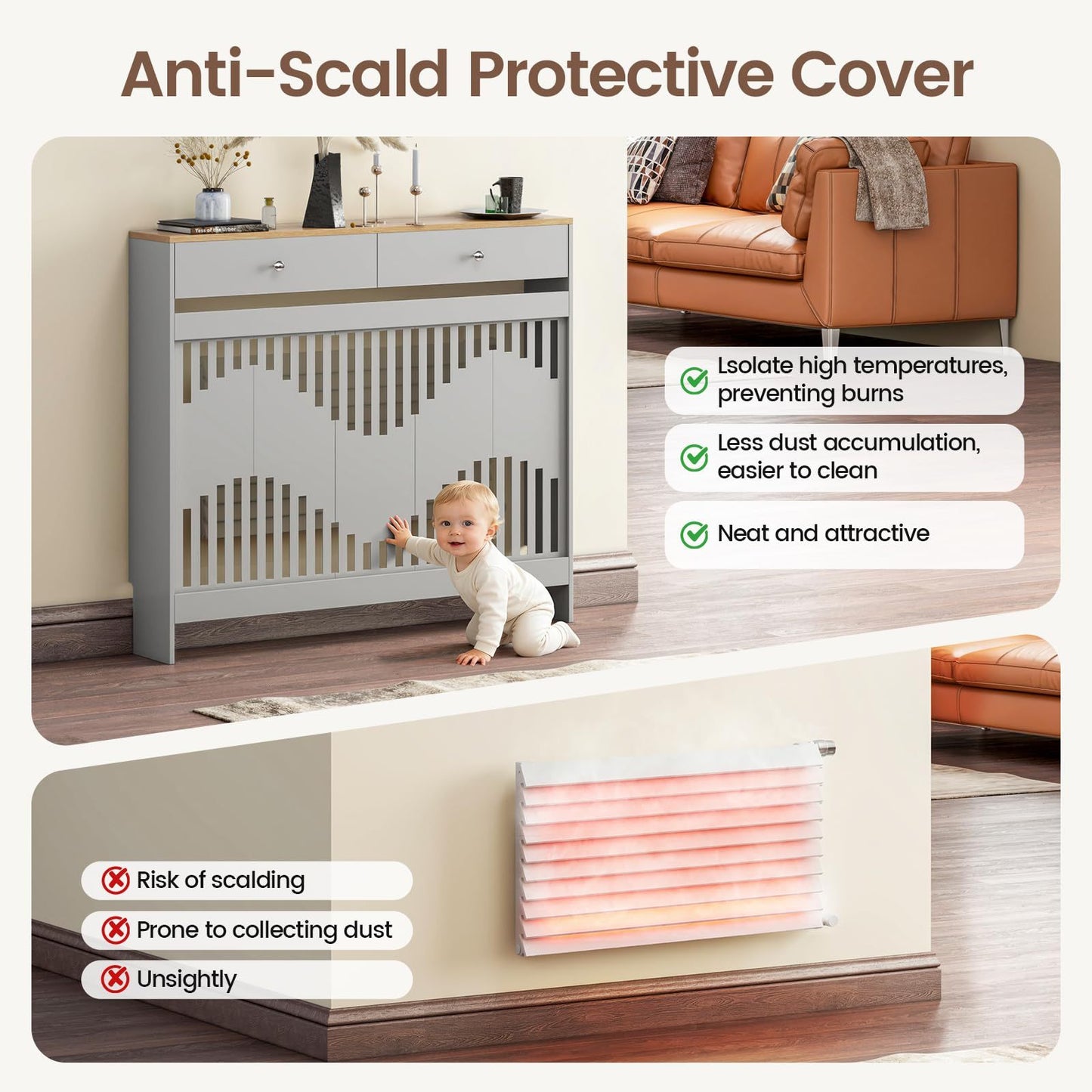 Modern White MDF Wood Radiator Cover with Drawers - Contemporary Style, Great Choice for Living Room, Bedroom, Hallway, Suitable for Placing Decorative Items and Storing Small Objects.