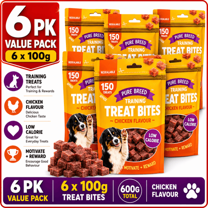Pure Breed 6 Pack Dog Training Treat Bites 600 g Total | Chicken Flavour Low Calorie Dog Treats | Bite Size Reward Snacks for Training and Everyday Use | Resealable Packs for Freshness