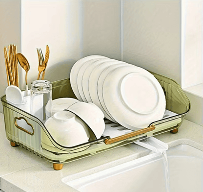 1pc Dish Drying Rack with Handle & Drainboard - Space-Saving Compact Design with Utensil Holder, Durable Plastic Construction, Easy to Clean & Move - Over Sink or Countertop Use for Small Kitchens, Apartments, RVs - Modern White & Golden Kitchen Organizer