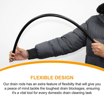 Drain Rods Set, Drainage Rods for Outside Drain Flexible, 12 Pcs / 9.2M Drain Unblocker with Heavy Duty Rubber Plunger & Double Worm Screw, Drainage Rods for Drain Cleaning with Carry Bag