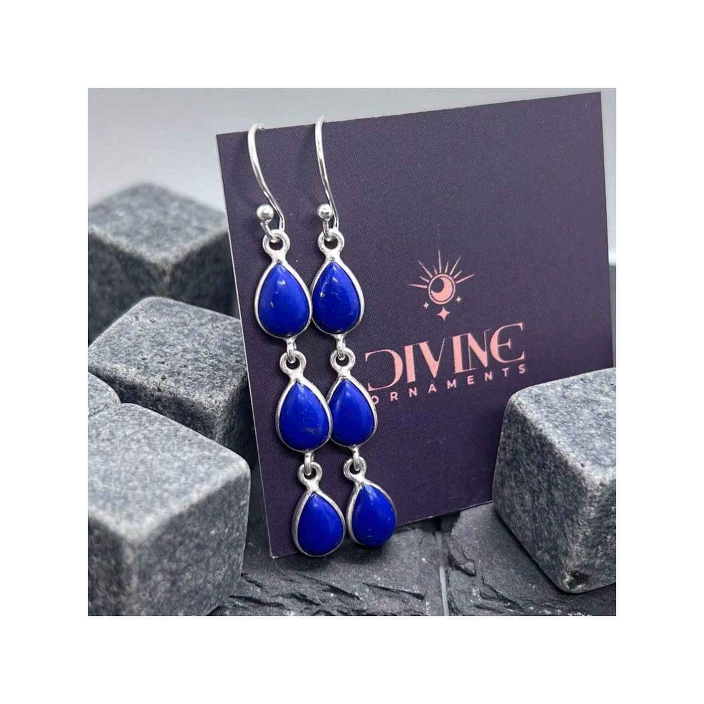925 Sterling Silver Natural Gemstone 3 stone long Earring, Bezel Set Birthstone Ring, Perfect gift