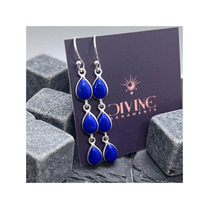 925 Sterling Silver Natural Gemstone 3 stone long Earring, Bezel Set Birthstone Ring, Perfect gift