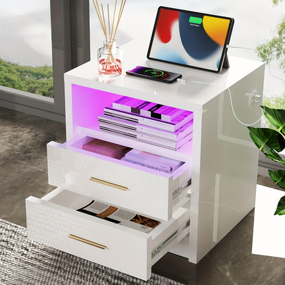 Black/White Night Stand with 2/3 Drawers, High Gloss Bedside Table with RGB Lights/Type-C/USB Port for Bedroom