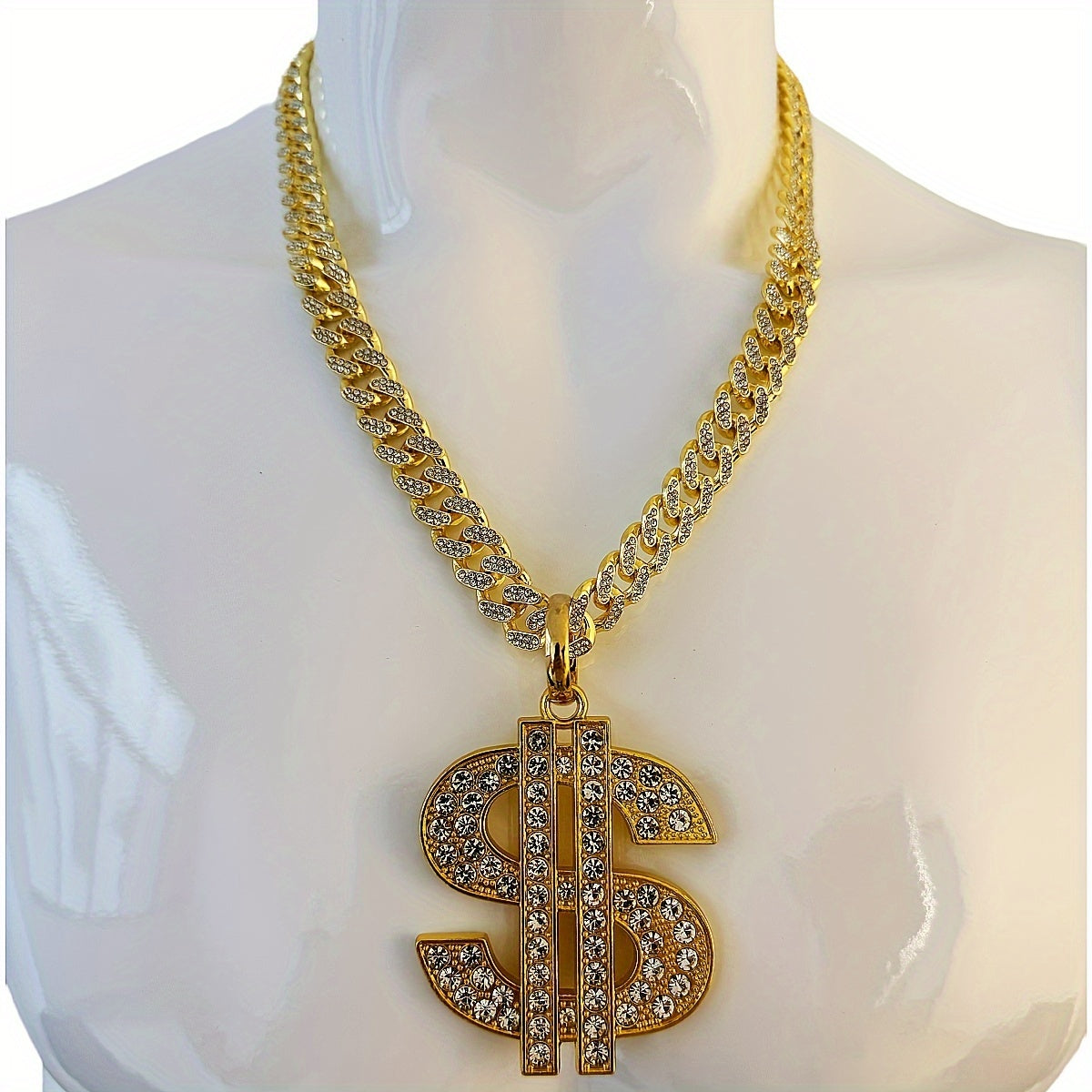 Large and Heavy US Dollar Symbol Pendant,  18K Gold Plated Alloy 18K Gold Plated-plated Cuban Chain Necklace with 12mm Full, Men's Hip-hop Style Ring Combination