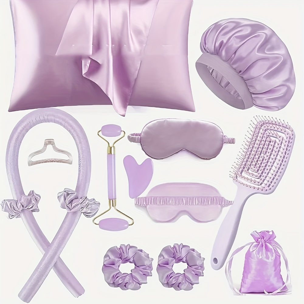 13pcs Sleep Hairstyle Design Tool Set | Curler And Facial Massager, Pillowcase, No Heat Curling Kit, Overnight Curler, Sleeping Eye Mask, Women'S Face Roller Light Beige Care Tools Black/Pink/Purple 3 Colors for Choose