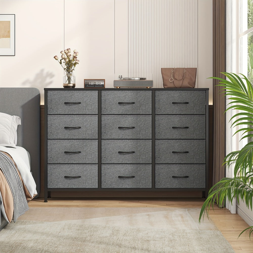 12 Drawer Chest of Drawers Fabric with Wooden Frame & Gold Handles – Tall Storage Unit for Bedroom Living Room Hallway Deep Grey Beige