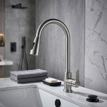 1pc Kitchen Faucet with Pull Down Sprayer, Single Handle Water Kitchen Bathroom Faucet, Stainless Steel Faucet, Two Use Modes Faucets Spray Stream:, Arc 360- Degree Rotary Nozzle Faucets, for Farmhouse, Commercial, Kitchen Bathroom Sink