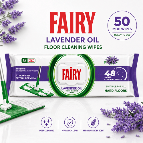 Fairy Power Lavender Scented Floor Cleaning Towels – 50 Mop-Compatible Disposable Wipes, Suitable for All Surfaces, Dermatologically Tested, Streak-Free Clean