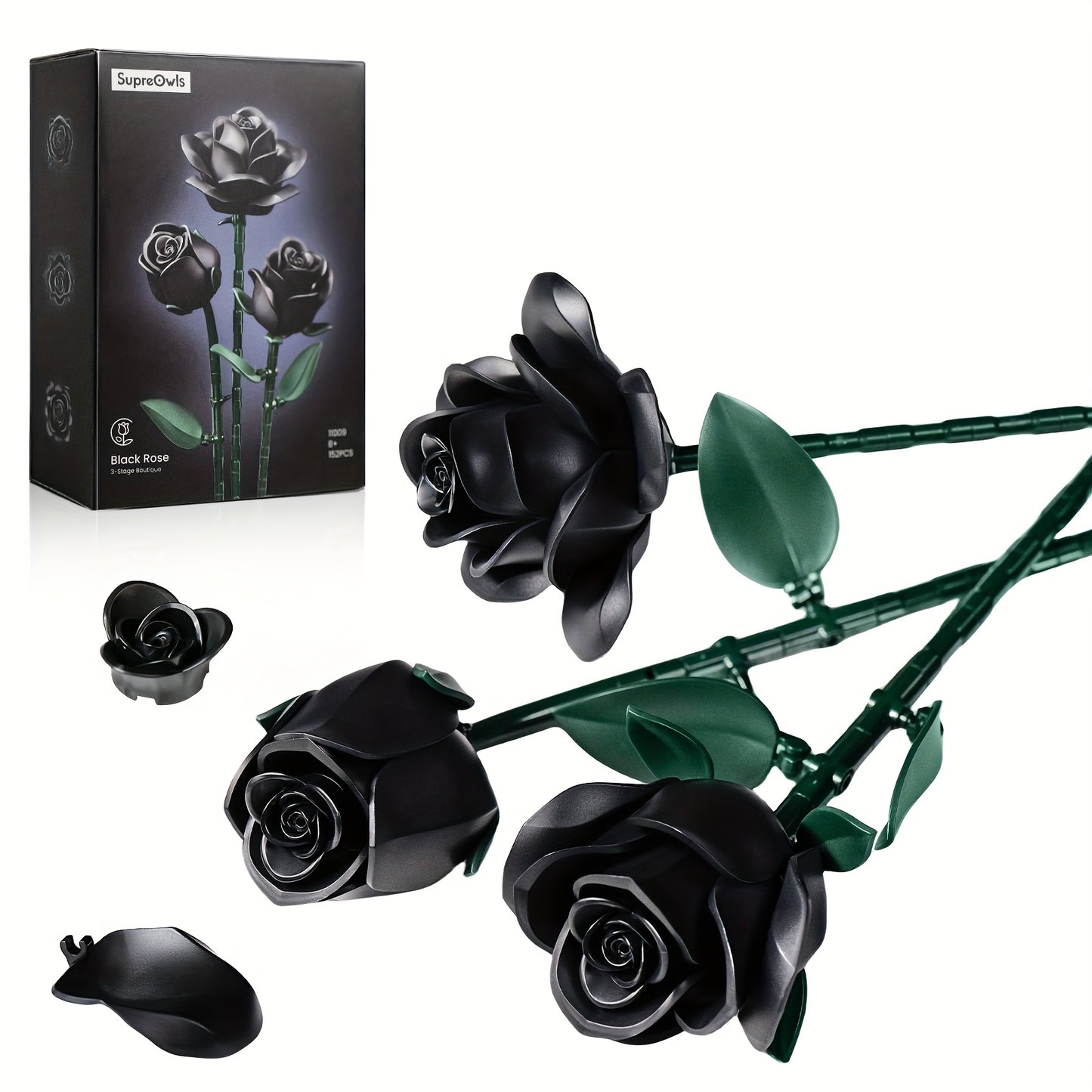 Special Party Gift Gothic Black Rose Simulation Flower Art Ornaments Background Bouquet Building Block Set 3 Rose Building Block Combination Set 152pcs