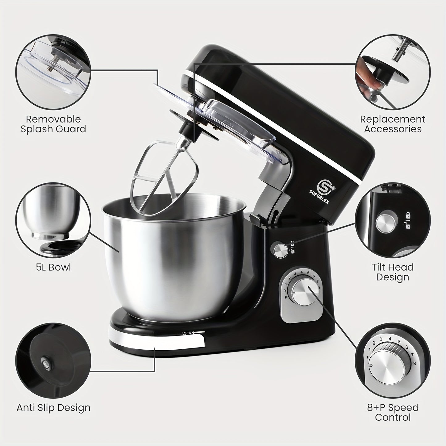 SUPERLEX 3-in-1 Stand Mixer 5L with 8 Speeds, Kitchen Machine with Pulse with Dough Hook, Whisk, Eggbeater Attachment for Baking Cake Bread 1300W