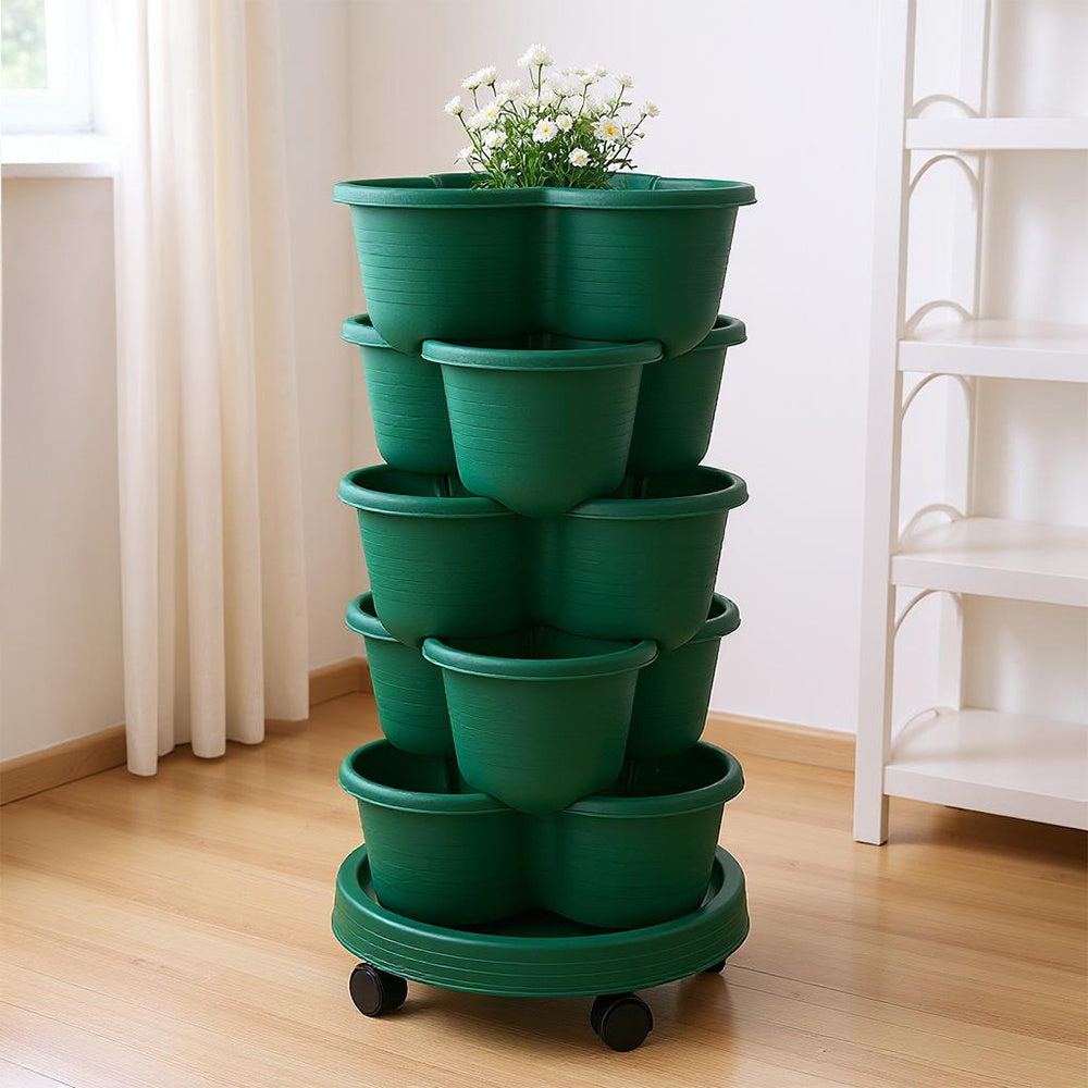 5-Layer Strawberry Tower Planter 3-Petal Tiered PP Plastic Pot for Strawberries Vegetables Fruits Herbs Indoor Outdoor Garden Patio 31.5x13.5cm Black Green UK