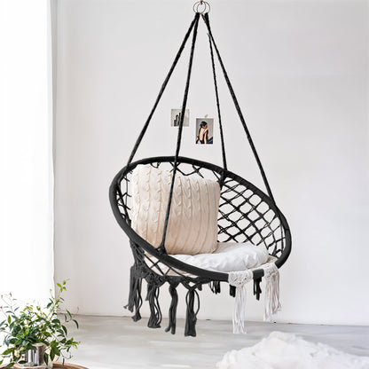 Balcony Rocking Chair, Courtyard Woven Hanging Basket, Hanging Cotton Rope Iron Ring Hanging Chair, Suitable for Indoor, Outdoor, Home, Balcony, Courtyard, Garden, Maximum Load Capacity: 200kg, Material: Iron Ring, Cotton Rope (No Include Cushion)
