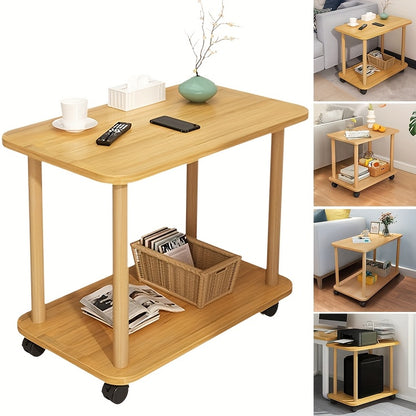 [Lightweight Design] Modern Rolling Sofa Side Table with 2 Tiers, Open Storage Shelf & Wheels – Light Wood Finish, Space-Saving Design for Living Room or Bedroom