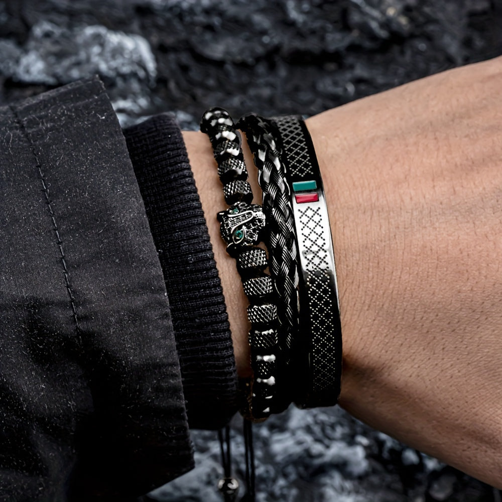 Luxury Handmade Braiding Bangle bangle bracelet Men Pave CZ Leopard Head Enamel Green Red Bangle bangle bracelet 304L 304 304L 304 Stainless Steel Jewelry