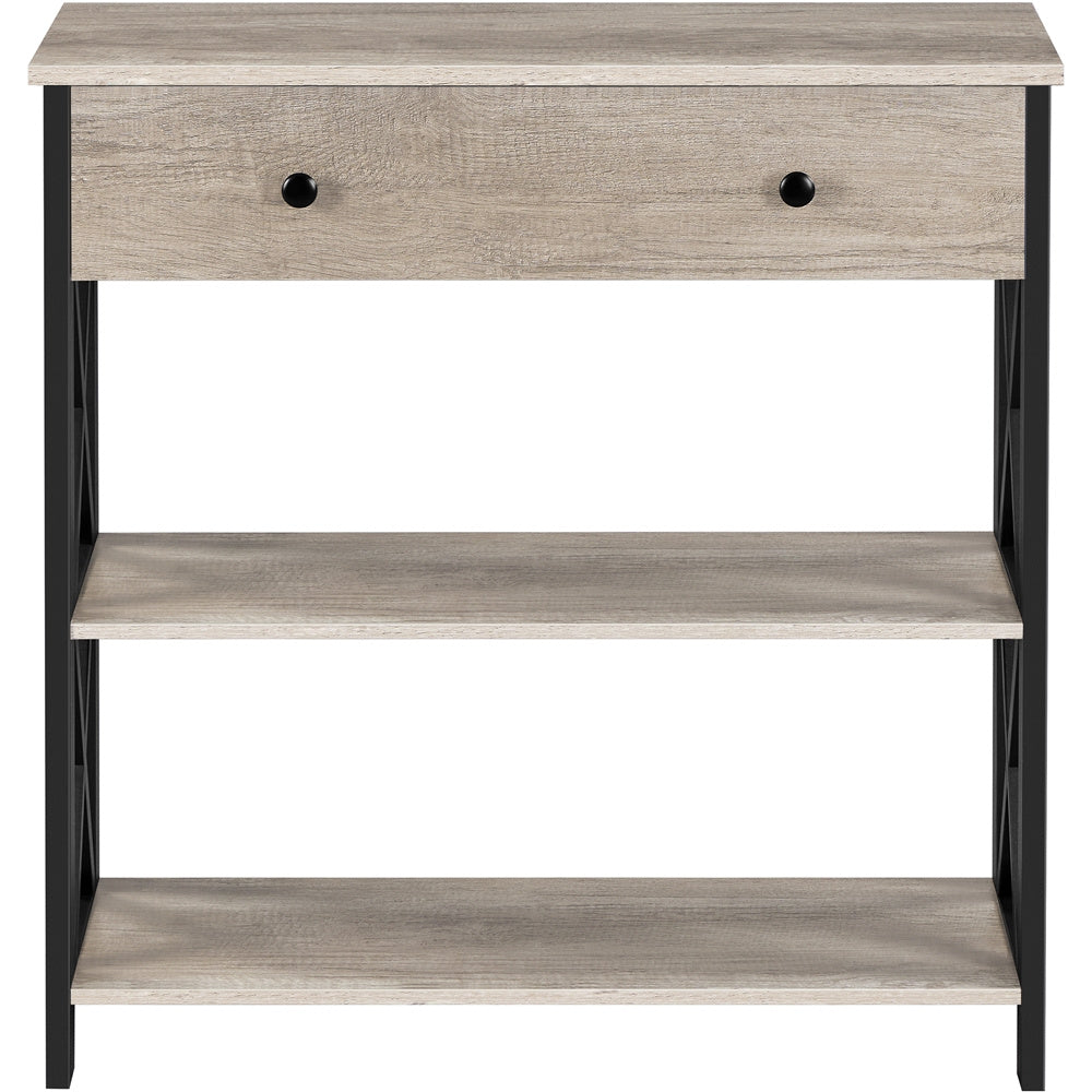 Costoffs Vintage Console Table with 1 Drawer and 2 Open Shelves, Versatile Sofa Table Modern Hallway Table X-Shaped Metal Frame Design for Living Room/Bedroom/Study/Kitchen/Hallways, Rustic Brown