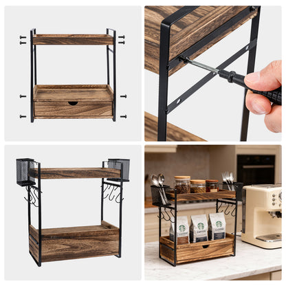 3-Tier Countertop Organizer Station with 12 Mug Hooks – Multi-Functional Coffee Bar Kitchen Storage Shelf, Space-Saving Home & Office Display Rack