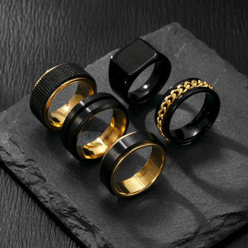 [Men's Stainless Steel Rings] 5pcs Fashionable Stainless Steel Men's Rings - Easy Golden Rotatable Decompression Ring - Personalized Hip-Hop Punk Ring - Casual and Versatile Rings - Gift for Men