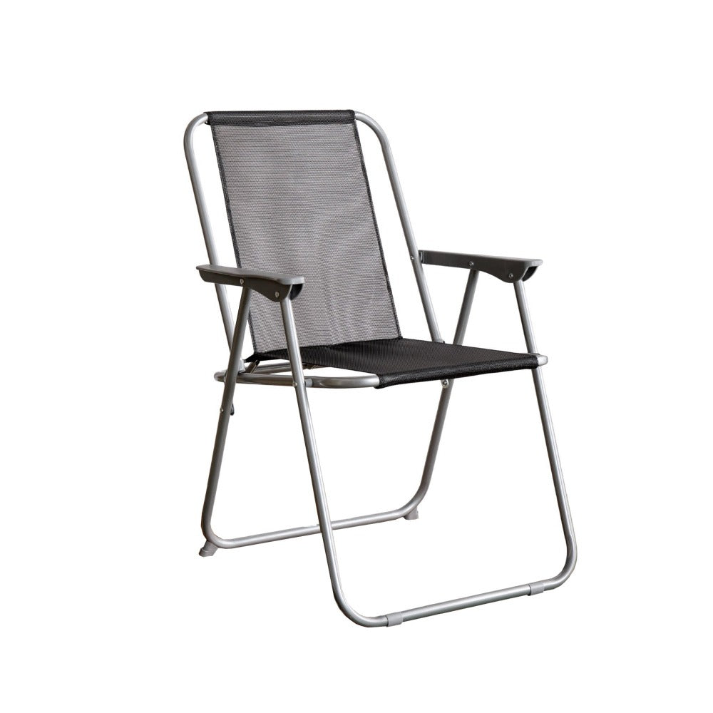 Pack of 2 Foldable Garden Chairs Powder-Coated Grey Metal Frame Black Fabric Seat Lightweight Portable Outdoor Folding Chair